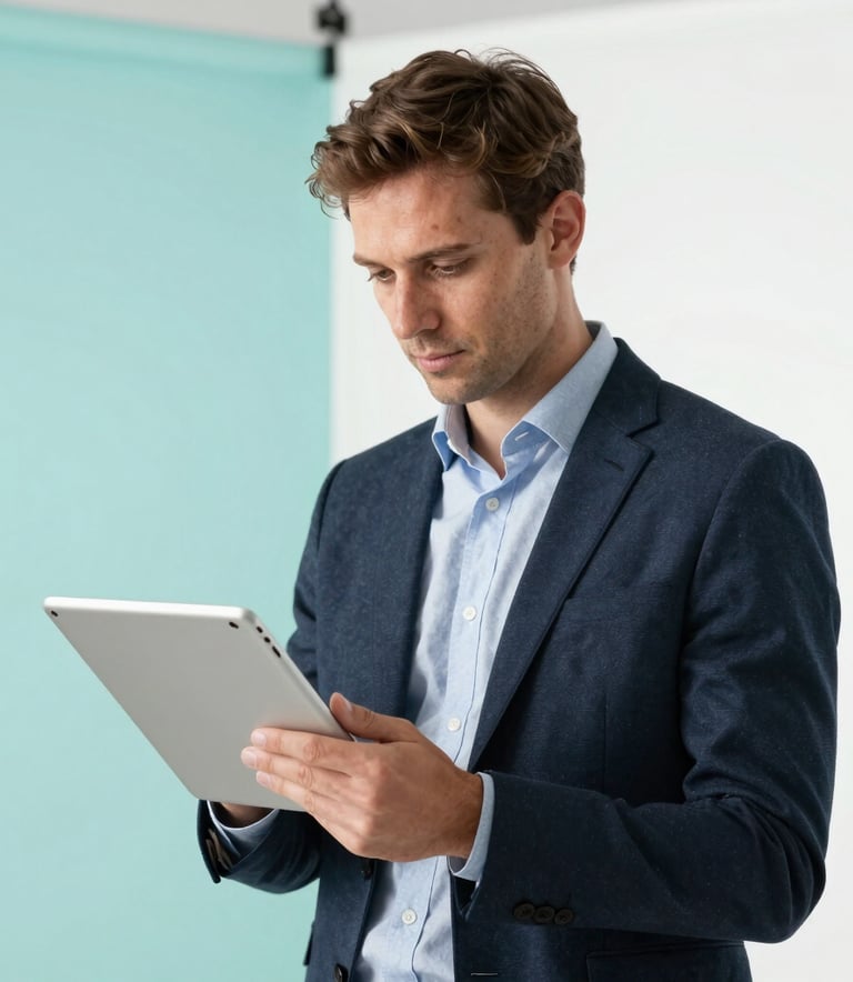 A professional European entrepreneur looking at a digital tablet in a bright studio in Souillac, France, with pale turquoise and white background elements.