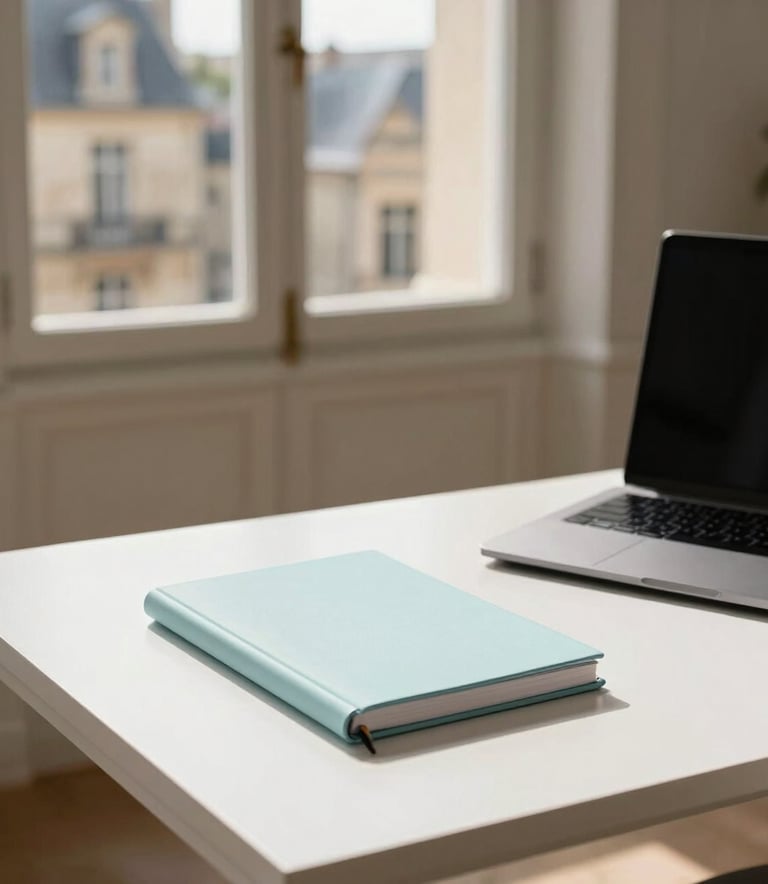 Photography of a high-end minimalist office desk in a French town, bright sunlight through a window showing stone architecture, a pale cyan notebook and a sleek laptop on the white desk.