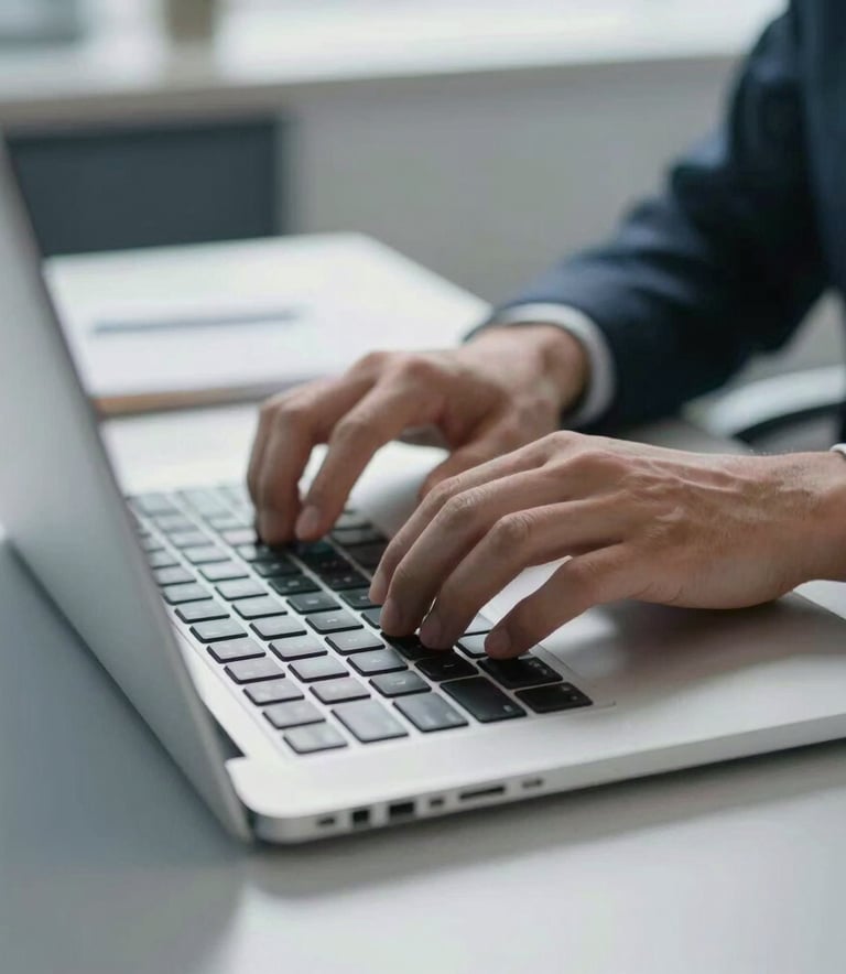 A close-up of a professional typing on a high-end laptop keyboard in a bright, modern office in Souillac, Lot, France, with a clean blue-gray and white desk setup.