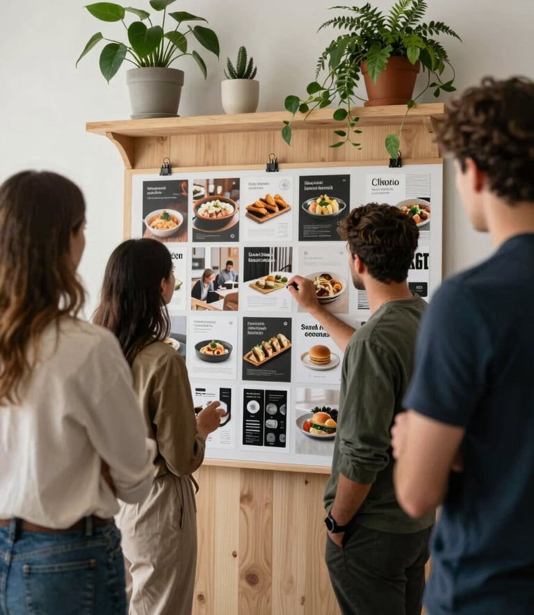 A candid, professional shot of a team in a North American / European agency studio. They are looking at a mood board filled with restaurant branding and social media mockups. The office has a cozy Scandinavian aesthetic with light wood and matte forest green plants. Natural lighting, sophisticated atmosphere.