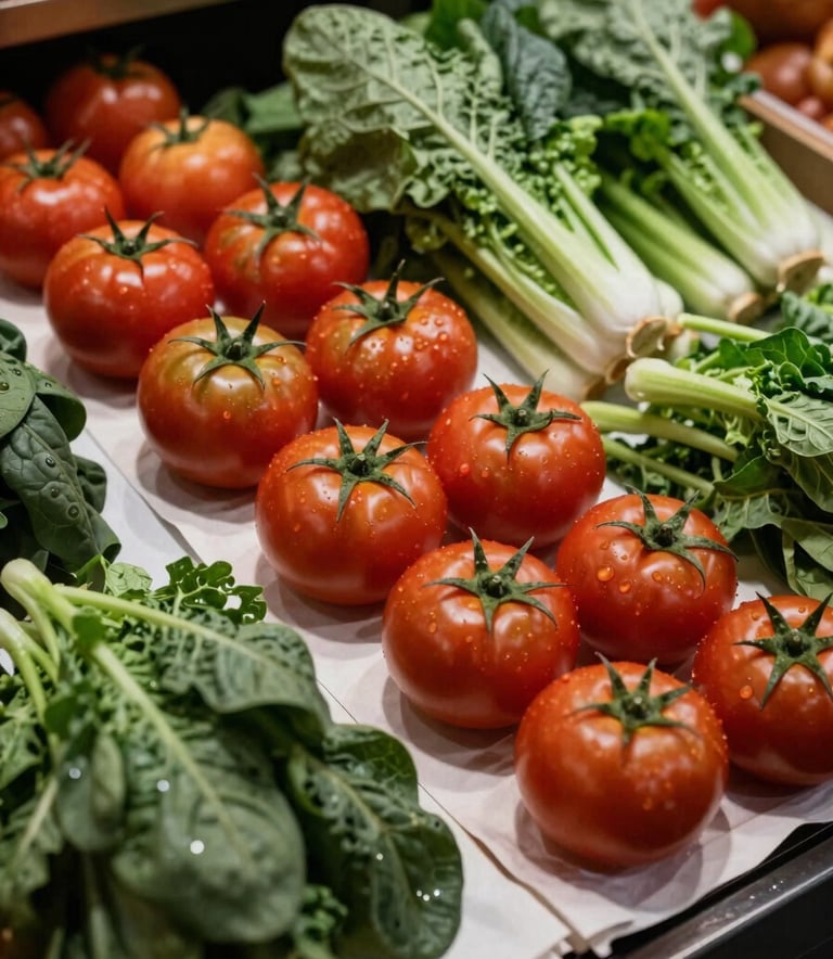 A sophisticated North American / European food market stall with organic heritage tomatoes and leafy greens displayed on crisp parchment paper. The lighting is warm and cinematic, highlighting the deep ripe crimson and matte forest green tones of the produce.