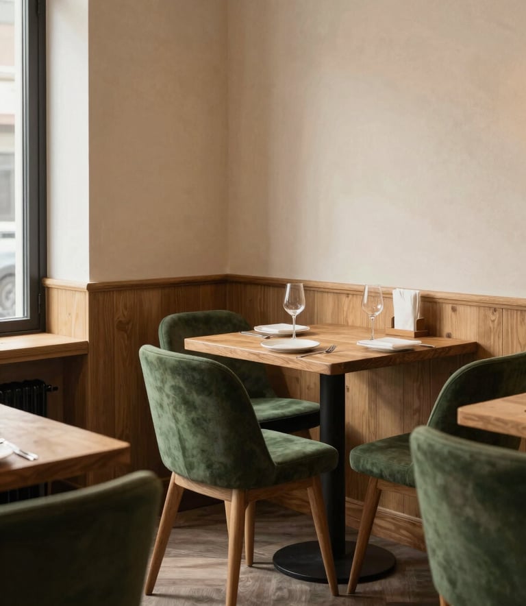 A cozy, Scandinavian-style restaurant interior in a North American / European setting. The room features warm wood furniture, matte forest green chairs, and crisp parchment walls, illuminated by soft morning light for a trustworthy, elegant feel.