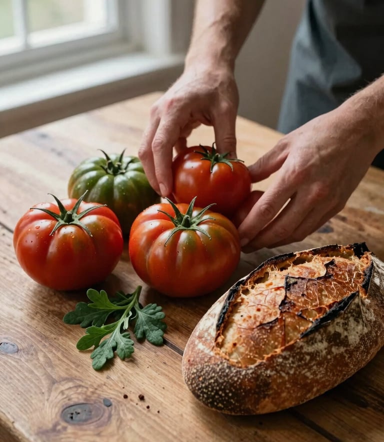A high-angle, professional photograph of a North American / European food stylist arranging fresh heirloom tomatoes and artisanal sourdough on a rustic wood table. Soft, natural morning light filters through a window. The palette features deep ripe crimson and matte forest green accents from fresh herbs.