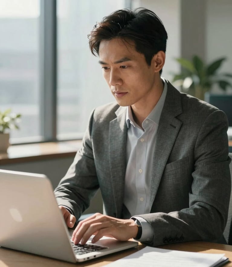 A focused adult professional in a sunlit North American office, working on a sleek laptop with a determined and confident expression, high-end professional environment with soft natural lighting.