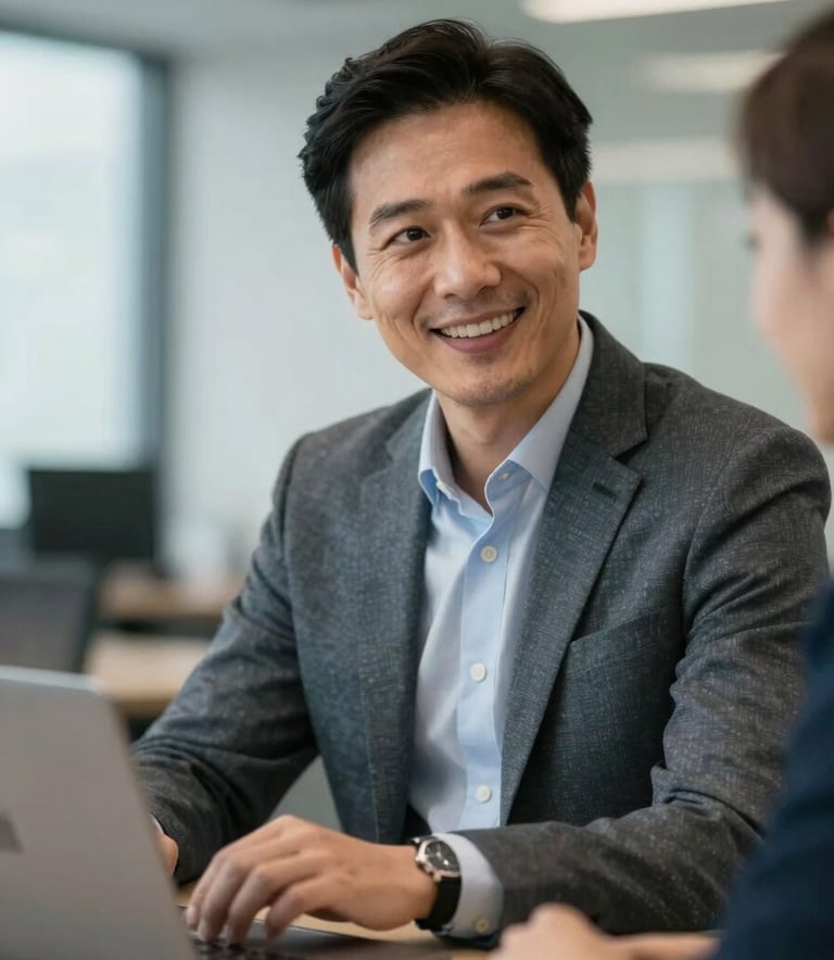 A professional mentor in a contemporary business-casual North American office setting, sharing insights with a supportive smile, shallow depth of field with a clean corporate background.