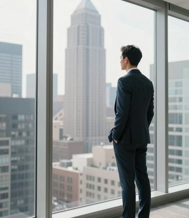 A professional in business casual attire standing in a contemporary urban high-rise office in a North American city, looking out a large window at a bright skyline. The lighting is crisp and optimistic, symbolizing opportunity and career advancement.