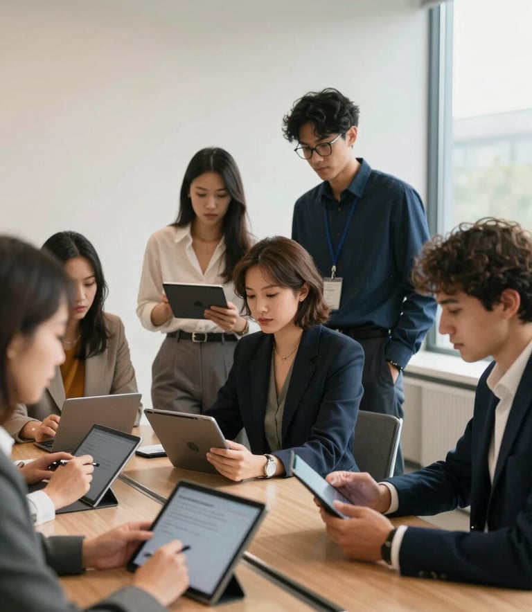 A diverse group of young professionals in a bright, modern North American conference room, collaborating over digital tablets. Warm, natural lighting and a clean, innovative atmosphere with off-white and dark navy elements.