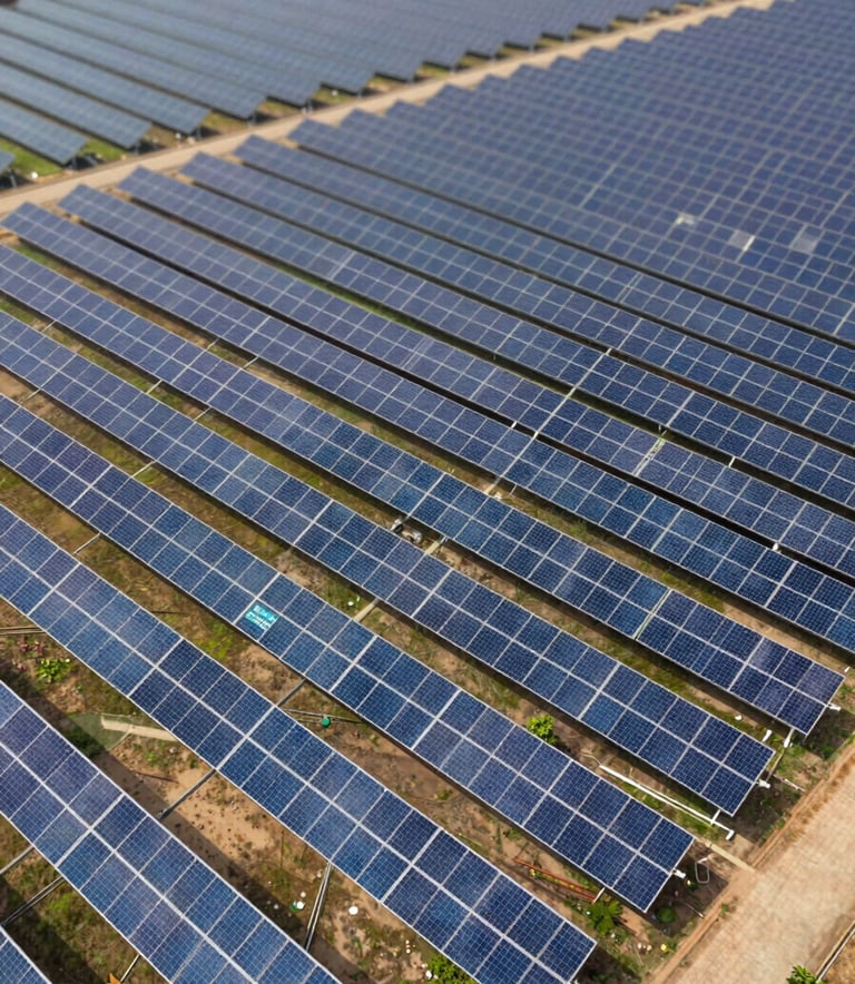 A high-altitude drone shot of a commercial solar farm in Abuja, showcasing rows of high-efficiency panels. The geometric precision and clean lines convey technological advancement. The branding elements like #2A735E are subtly reflected in the landscape and equipment.
