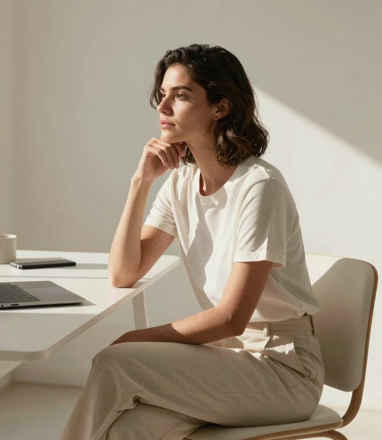 A South American woman sitting in a sunlit, minimalist studio in Río Cuarto, Argentina. She is looking thoughtfully at a clean workspace with a serene expression. High-end, delicate photography with soft shadows and a professional, aesthetic atmosphere using cream and soft tones.