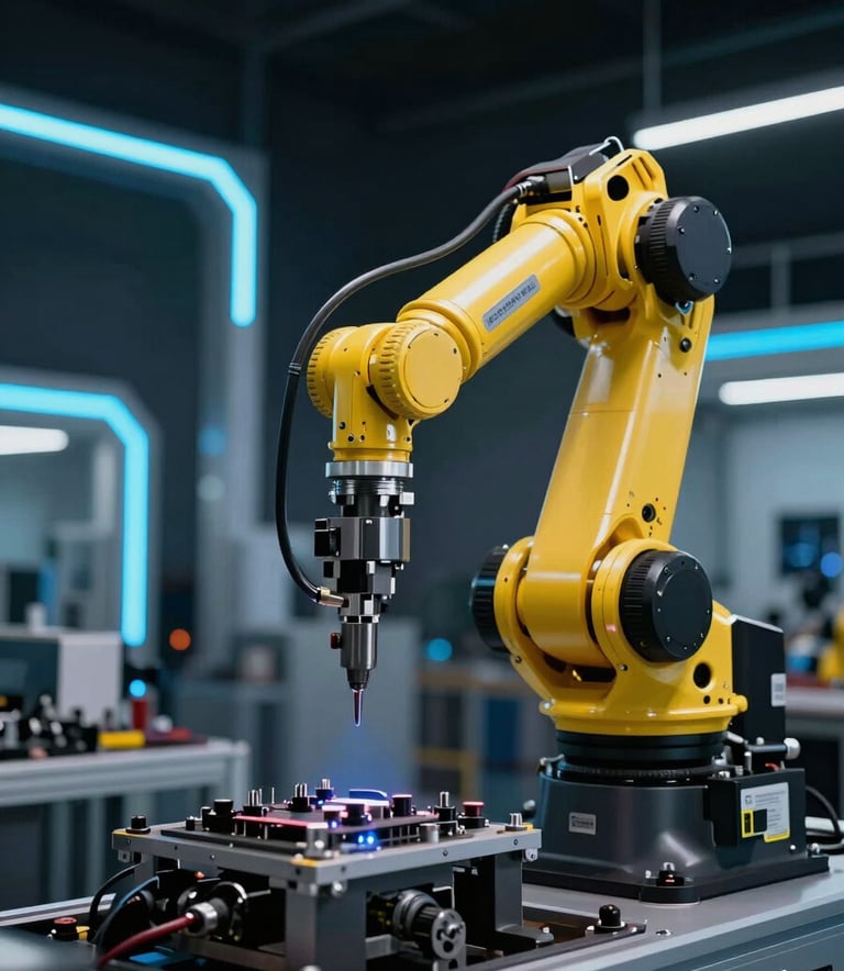 A high-tech industrial robotic arm performing precision assembly in a modern automotive factory. The scene is illuminated with neon blue lighting accents against deep black shadows. Latin American manufacturing setting, engineering excellence, clean and futuristic.
