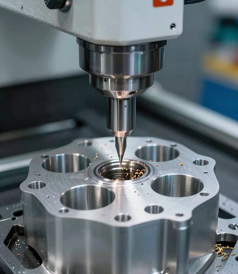 Close-up photography of a precision CNC machine carving a complex metallic component for the automotive industry. Bright white and cyan task lighting illuminates the sharp tool and metal shavings. The setting is a world-class Latin American / Spanish-speaking precision machining workshop.