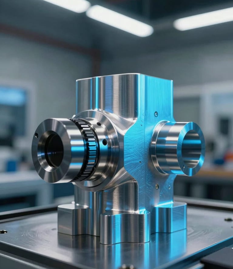 Macro photography of a precision CNC machined aluminum component. The metallic surface reflects neon blue and bright cyan light from overhead industrial lamps. Professional high-tech engineering workshop in a Latin American industrial park in the background, sharp focus, high contrast.