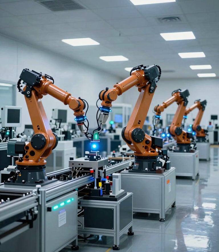A wide-angle professional photograph of a clean, high-tech automated manufacturing floor in a Latin American / Spanish-speaking industrial park. The scene features multiple robotic arms working on a production line with glowing neon blue and cyan indicator lights. The environment is modern and sleek, with polished concrete floors reflecting the digital blue lighting.