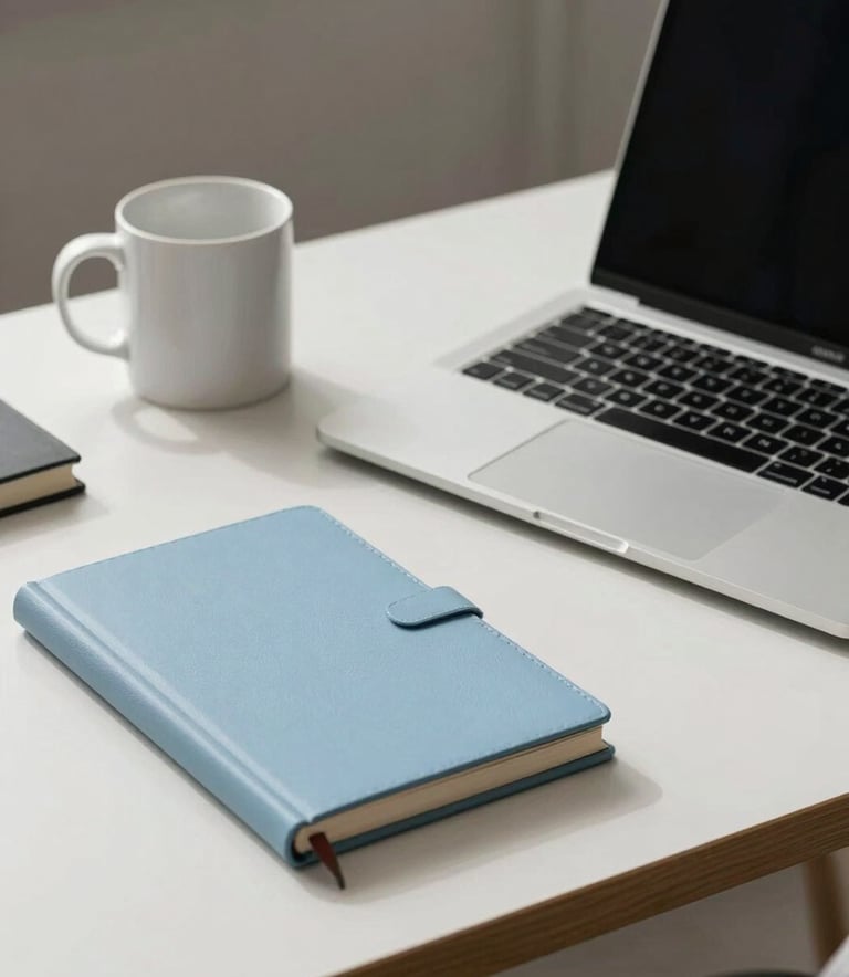 A high-end North American home office desk featuring a light blue notebook, a sleek silver laptop, and a clean white ceramic mug. The setting is minimal and organized.