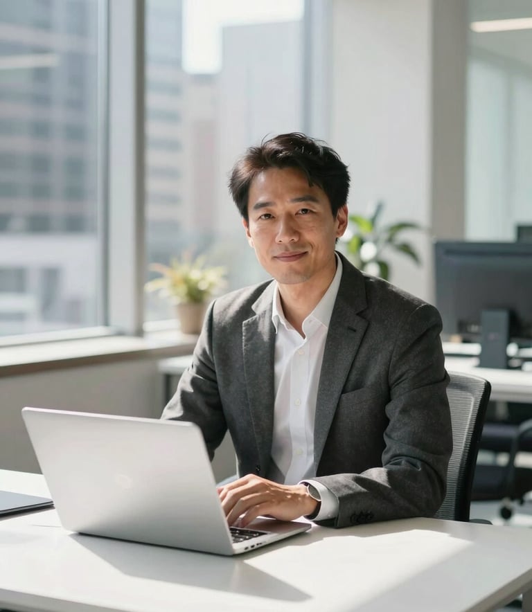A professional portrait of a growth marketing expert in a bright, modern office in a North American city. The subject is sitting at a clean, white desk with a high-end laptop, dressed in smart business attire. Natural sunlight illuminates the scene, creating a sophisticated and efficient atmosphere.