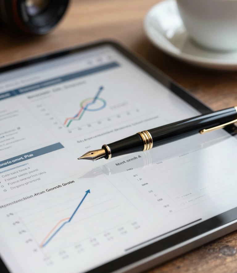 A close-up photograph of a professional workspace including a tablet showing a blurred strategic plan, a premium fountain pen, and a cup of coffee. The lighting is crisp and clear, reflecting a modern North American business setting focused on detailed growth planning.