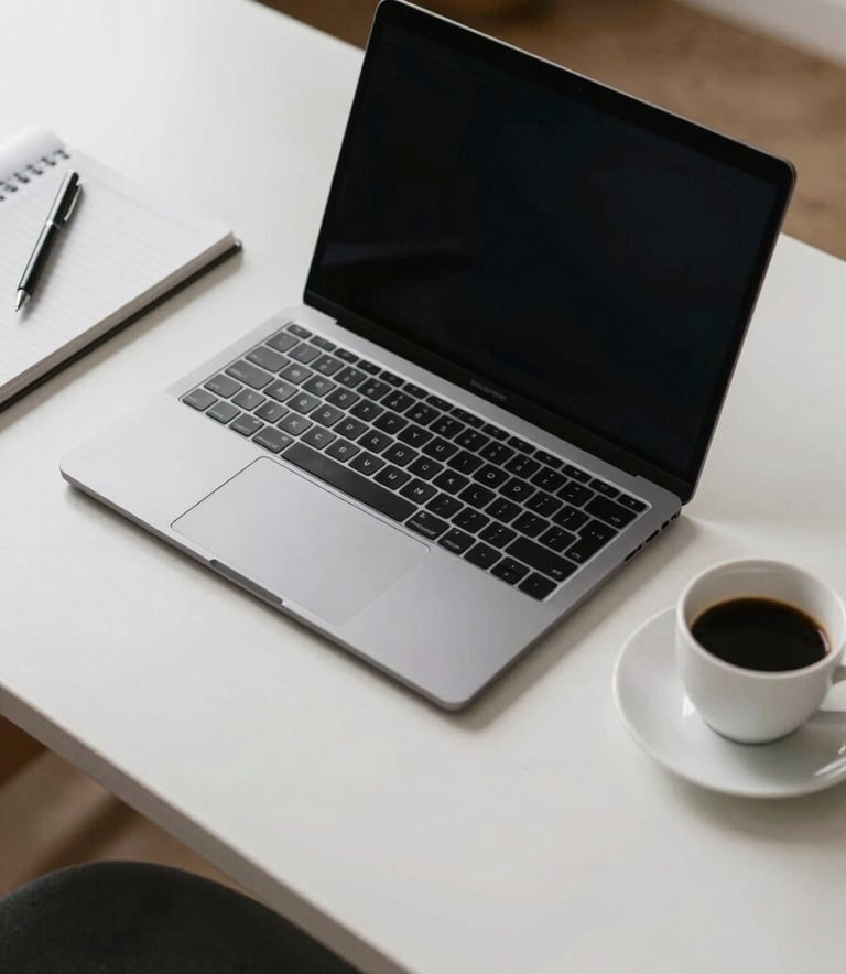 A top-down view of a workstation with a premium ultrabook, a notebook, and a coffee cup, Southern European professional home office environment, clean lines.