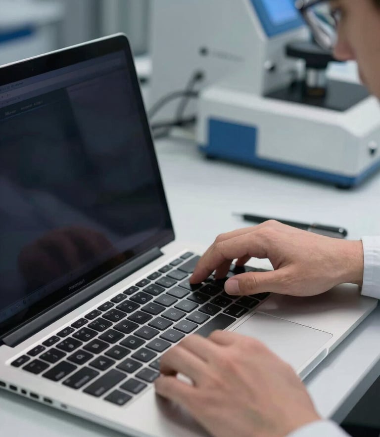 A close-up photograph of a professional technician in a clean, modern lab in Southern Europe, carefully inspecting the keyboard and screen of a premium ultrabook. The lighting is soft and focused, highlighting the metallic finish of the laptop. The background is slightly blurred with hints of high-tech testing equipment in Navy and Grey-Blue tones.