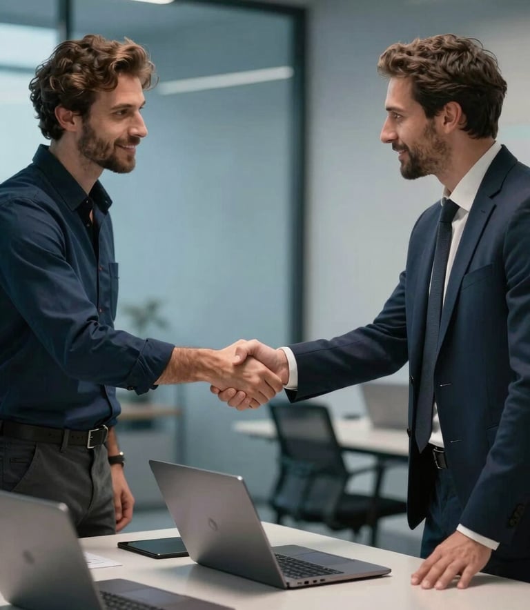 A high-quality lifestyle photograph of an Italian professional in business attire, shaking hands with a technician in a modern, blue-toned office. On the table between them, several high-end laptops are displayed, representing trust and personal consultation.
