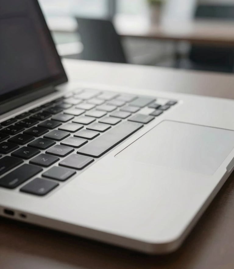 A close-up photograph of a sleek, professional silver laptop keyboard and trackpad, soft focus on the background, natural morning light in a modern Italian office setting, high-end and clean aesthetic.