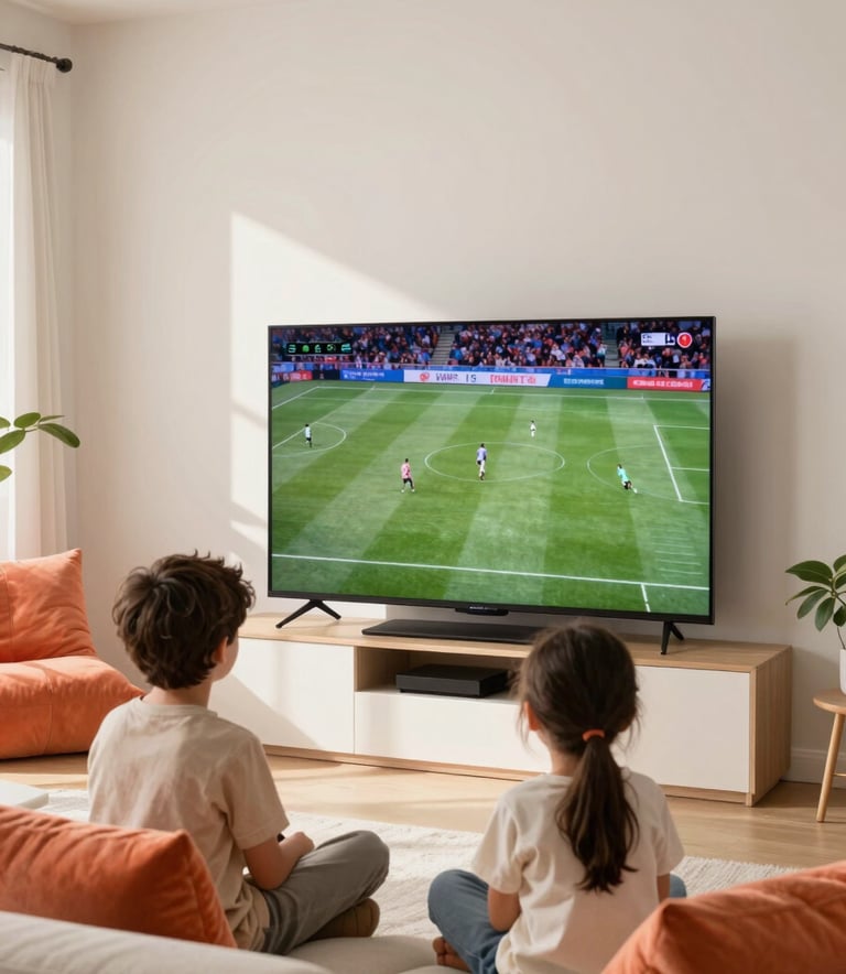 A bright North American / US family room featuring a modern television showing a high-definition sports match. The room has soft off-white walls and bright coral orange accent pillows, illuminated by warm natural sunlight.