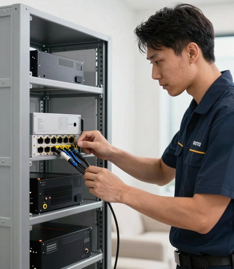 A professional technician in a clean uniform carefully installing high-tech networking hardware in a modern North American / US home setting, bright lighting, steel grey equipment.