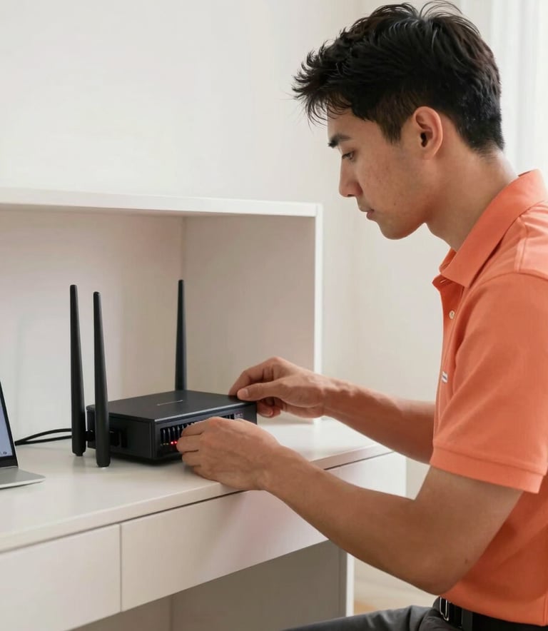 A professional North American / US technician in a bright coral orange polo shirt installing a high-speed router in a modern home office with soft off-white furniture, clean and reliable service vibe.