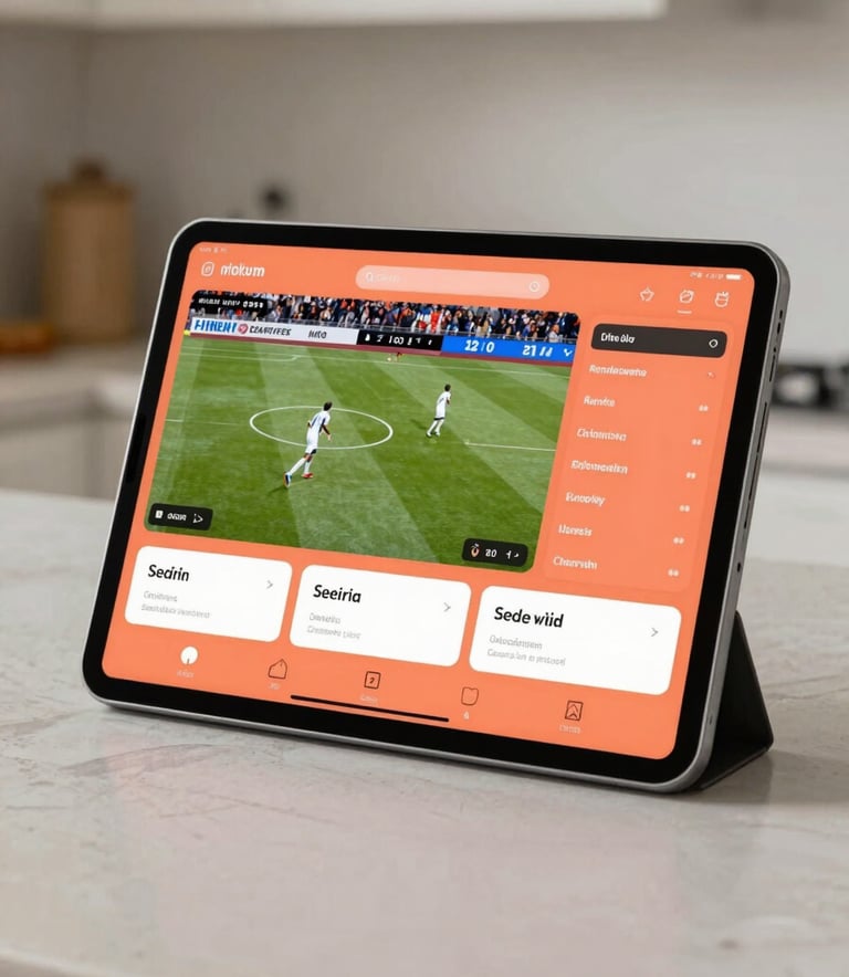A close-up of a high-end tablet streaming live sports in a bright North American / US kitchen, featuring bright coral orange interface details and soft off-white cabinetry in the background, sharp focus, natural lighting.