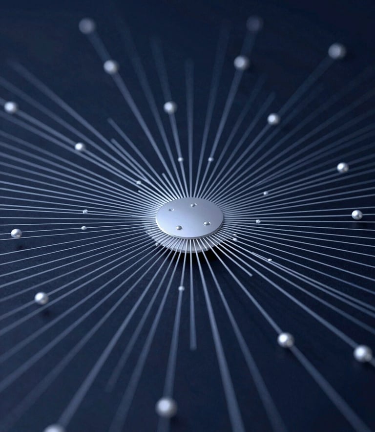 A high-precision technical visualization of a secure network node. The composition is centered and symmetrical, featuring thin, sharp lines in #6B8FA2 and #DDE4E9 against a deep #1A2E3D background. The lighting is soft and directional, emphasizing structural integrity and reliability without any human presence or clutter.