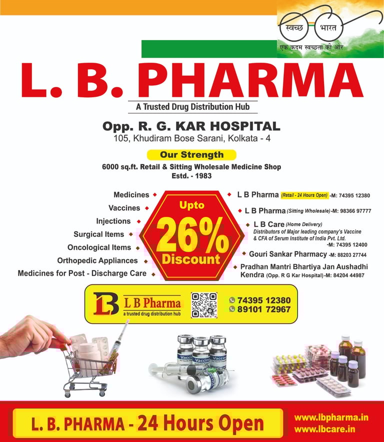 L.B. Pharma medical store banner in Kolkata offering 26 percent discount on medicines and vaccines.