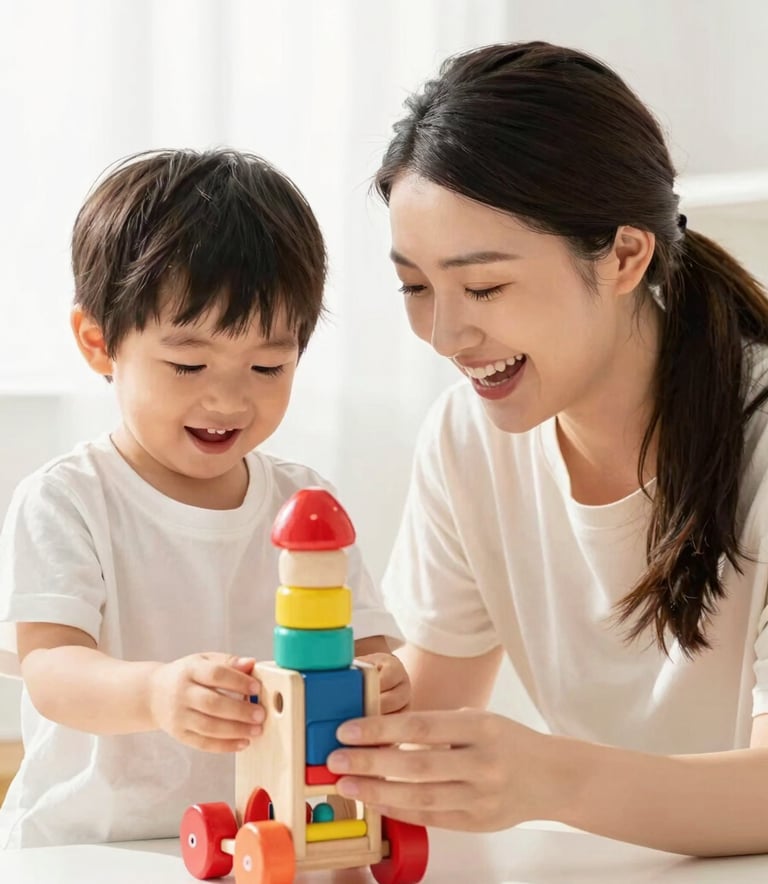 Bright high-key toy photography, a warm family portrait of a young mother and child laughing together, holding a handcrafted wooden toy, soft natural daylight, clean white background.