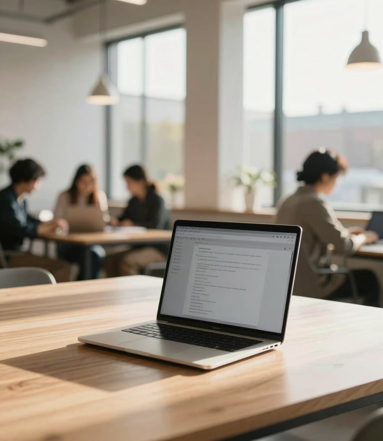 A bright and airy North American coworking space with large windows and minimalist decor. Professionals are visible in the background, out of focus, while a sleek laptop sits on a clean wooden table in the foreground. Sunlight streams through the scene, creating a productive and tech-forward mood.