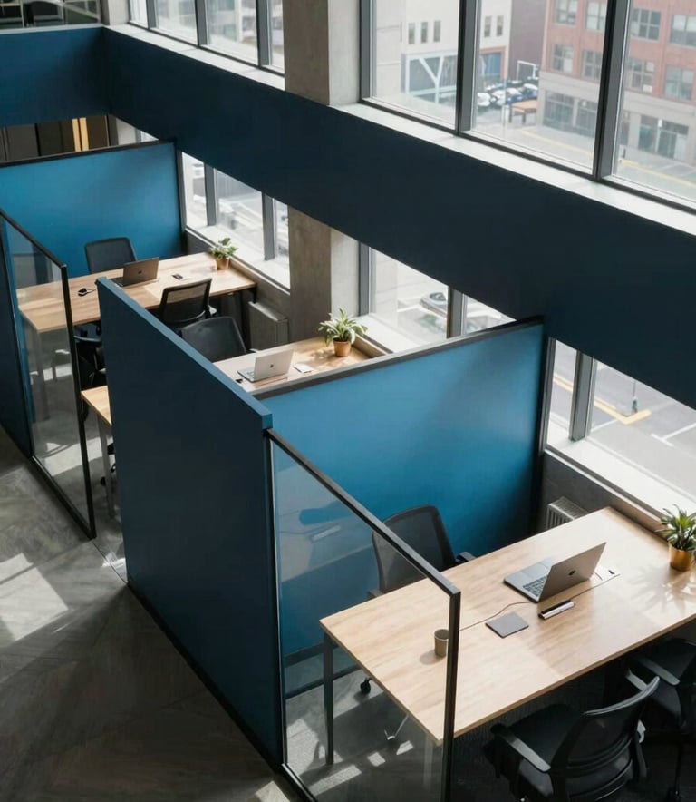 A high-angle photograph of a sleek, minimalist co-working space in a North American city. Features dark navy and sky blue accents with glass partitions. Natural sunlight streams through large windows, creating a bright atmosphere.