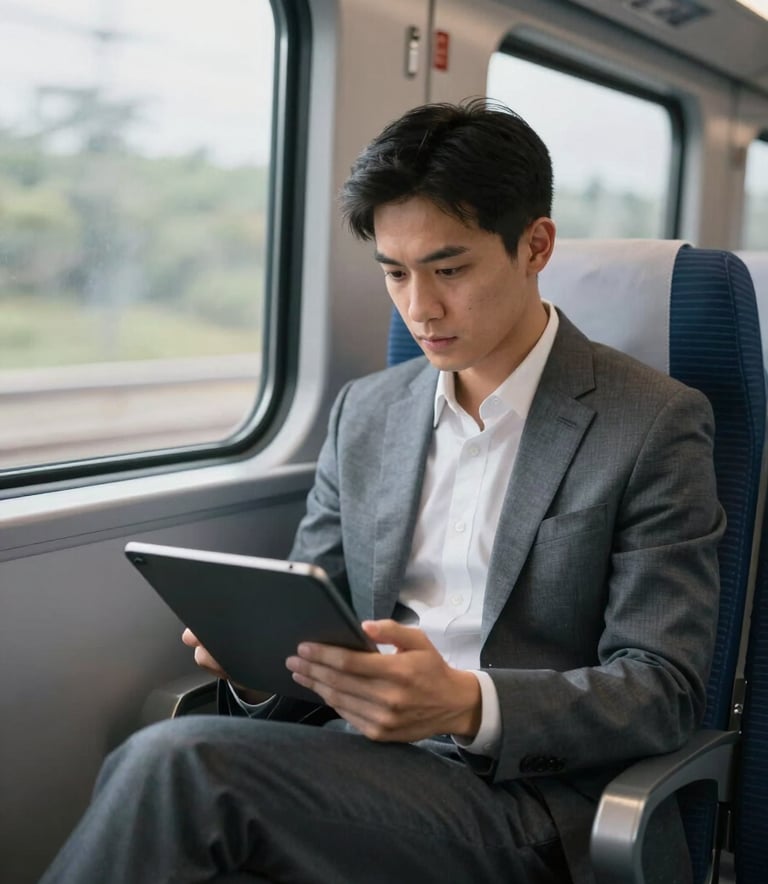 A focused professional in business casual attire sitting on a modern North American commuter train, studying efficiently on a sleek tablet. The lighting is dynamic and natural, highlighting a sense of productive transit.