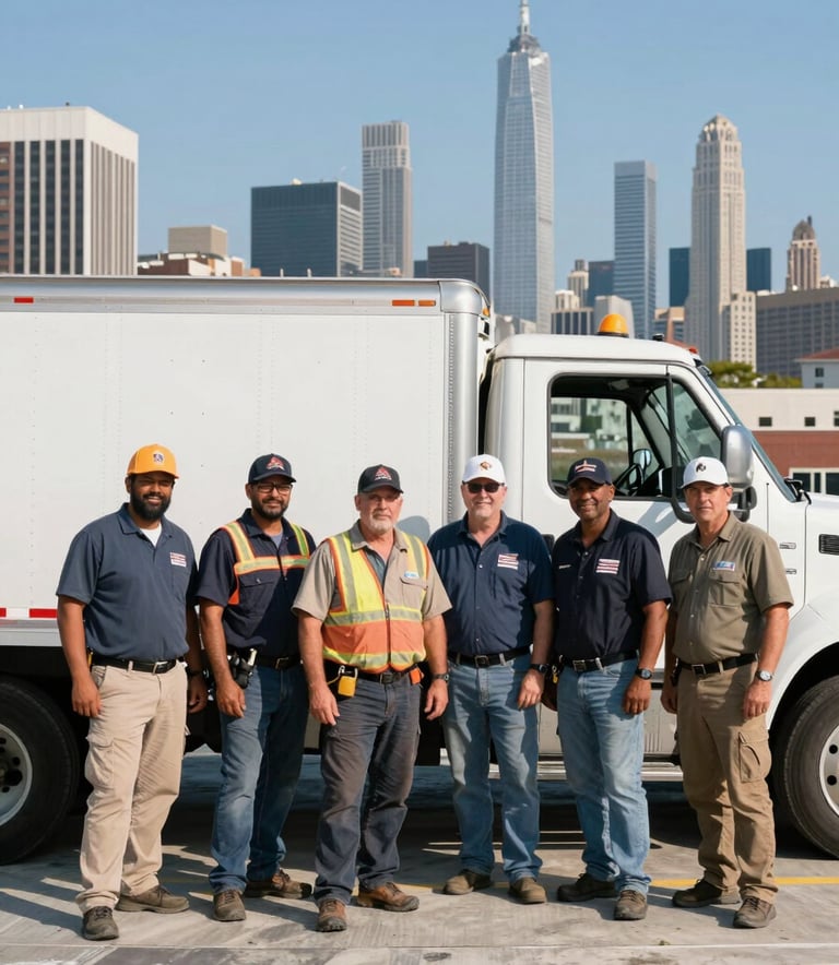 A group of professional roofing contractors standing together in front of a company truck with the North American / New York City skyline visible in the distance, daytime, bright clear lighting.