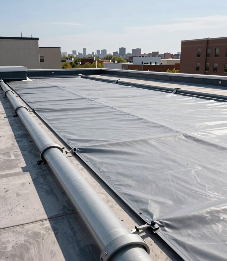 Wide shot of a clean, professionally installed commercial flat roof on a North American / New York City building, featuring modern drainage systems and high-quality grey membranes under bright daylight.