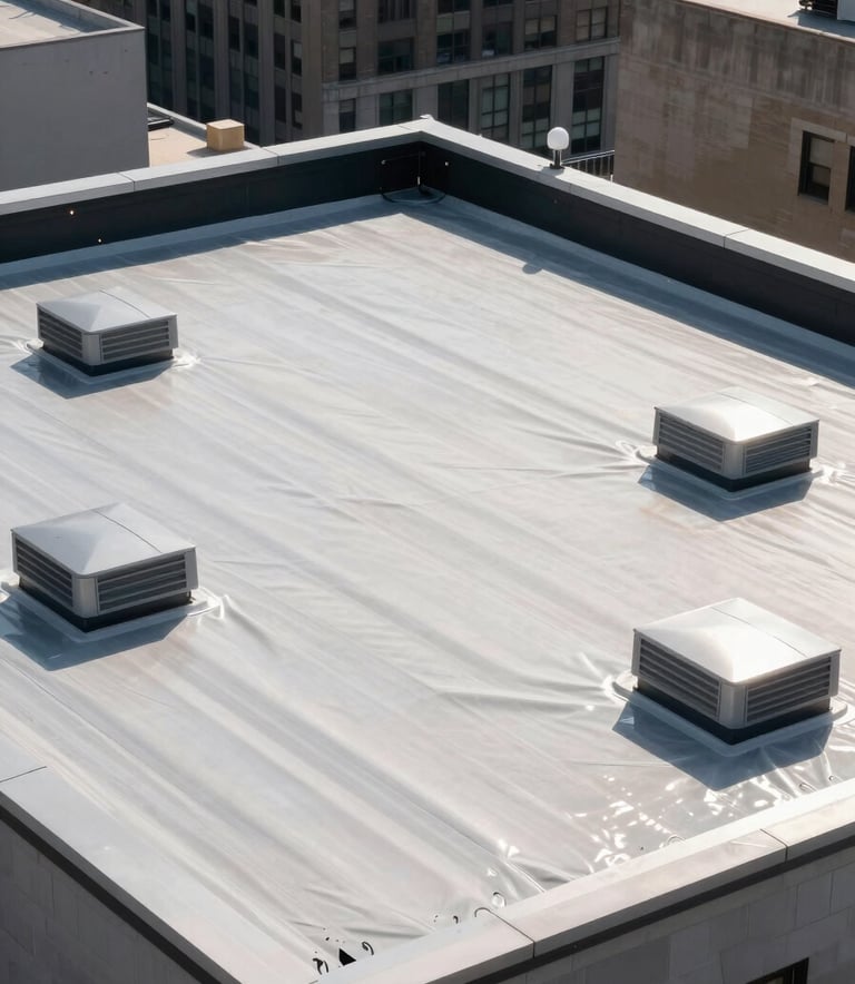A high-angle professional architectural photograph of a clean, newly installed flat commercial roof on a Manhattan building, featuring modern waterproof membranes and industrial vents, bright daylight, North American / New York City.