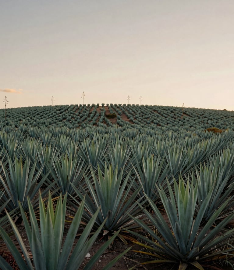 The beautiful agave fields of Jalisco at dawn, minimalist landscape, soft light green and beige tones, serene and expansive atmosphere.