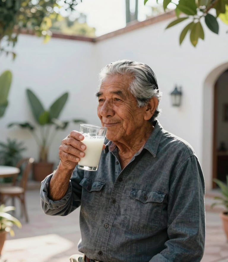 A serene Latin American / Mexican senior person smiling while enjoying a glass of kefir in a bright, minimalist Jalisco courtyard, soft morning sunlight, surrounded by lush green plants.