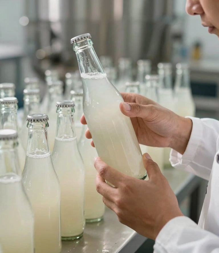 A professional and clean photograph of a production area in Jalisco. A person in white attire is carefully inspecting glass bottles of kefir. The lighting is bright and clinical yet warm, showcasing high quality standards.