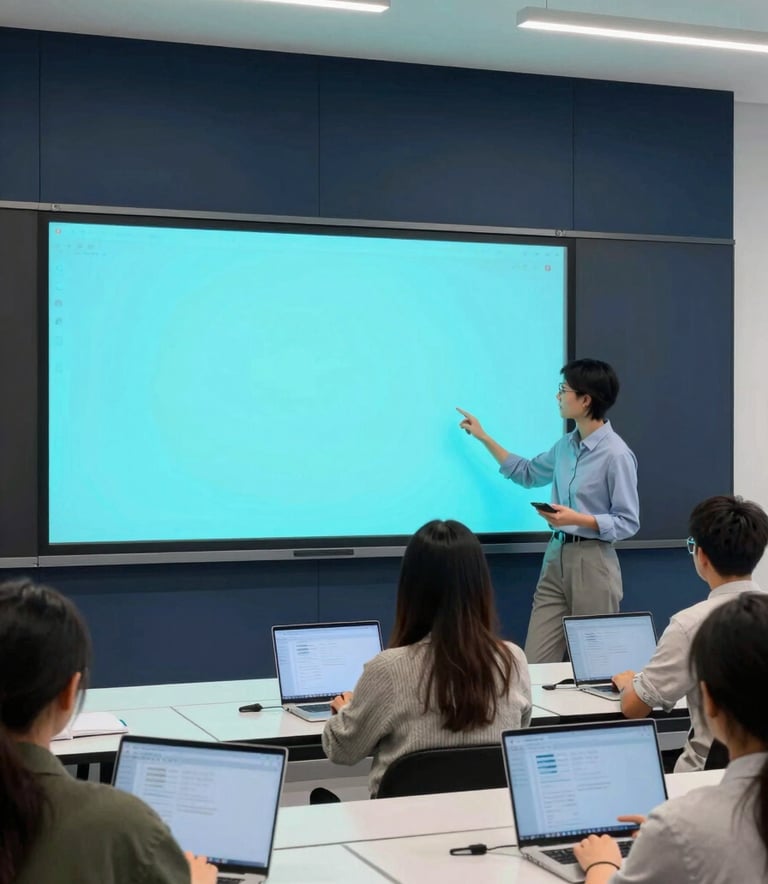 Interior shot of a sunlit, modern North American university classroom. Students are using sleek, white laptops and interacting with a giant electric cyan digital whiteboard. The architecture is minimalist with dark navy blue accents. Professional architectural photography, bright natural lighting.