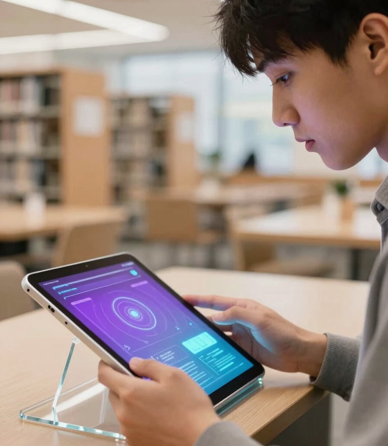 Close-up of a student in a high-tech North American study lounge. They are focused on a transparent glass tablet showing glowing purple and electric cyan interface elements. Soft bokeh background of a modern library with warm white lighting. High-end lifestyle photography.