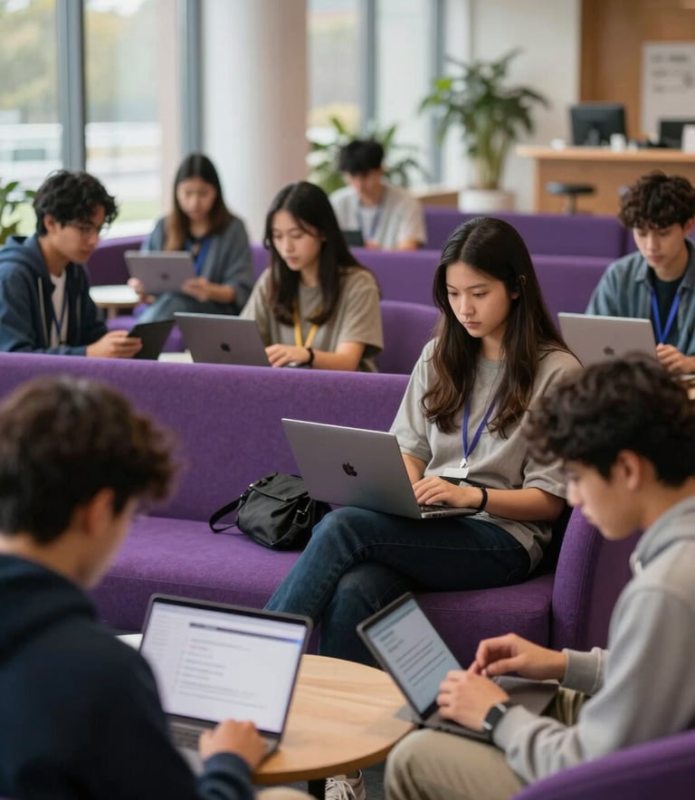A bright, modern North American campus lounge where students are collaborating on digital devices, with soft natural light and vibrant purple furniture accents, conveying a sense of innovation and community.