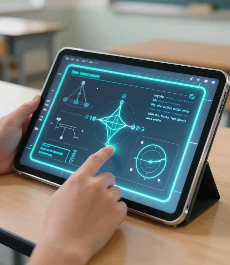 A close-up photograph of a student's hand using a sleek, transparent digital tablet displaying interactive physics models, illuminated by a vibrant electric cyan glow in a modern North American classroom.