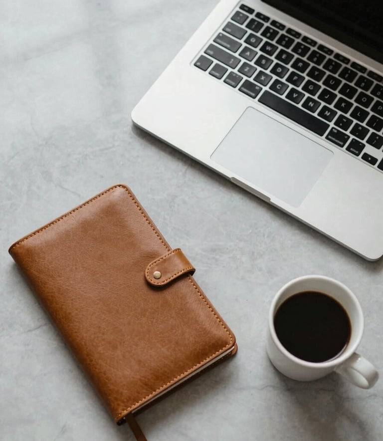 A top-down, clean photography shot of a sleek workspace in a North American home office. A high-end laptop, a gold-trimmed leather journal, and a cup of artisan coffee sit on a light gray marble surface. The lighting is soft, natural, and sophisticated, reflecting an atmosphere of professional focus and abundance.
