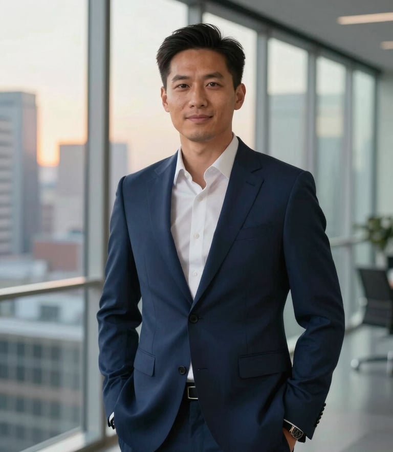 A professional portrait of a man in a well-tailored navy blue suit, standing confidently in a modern glass-walled office in a North American city. He has a welcoming and empowering expression. The background shows a blurred cityscape with soft gold light from a setting sun, conveying trust and achievement.