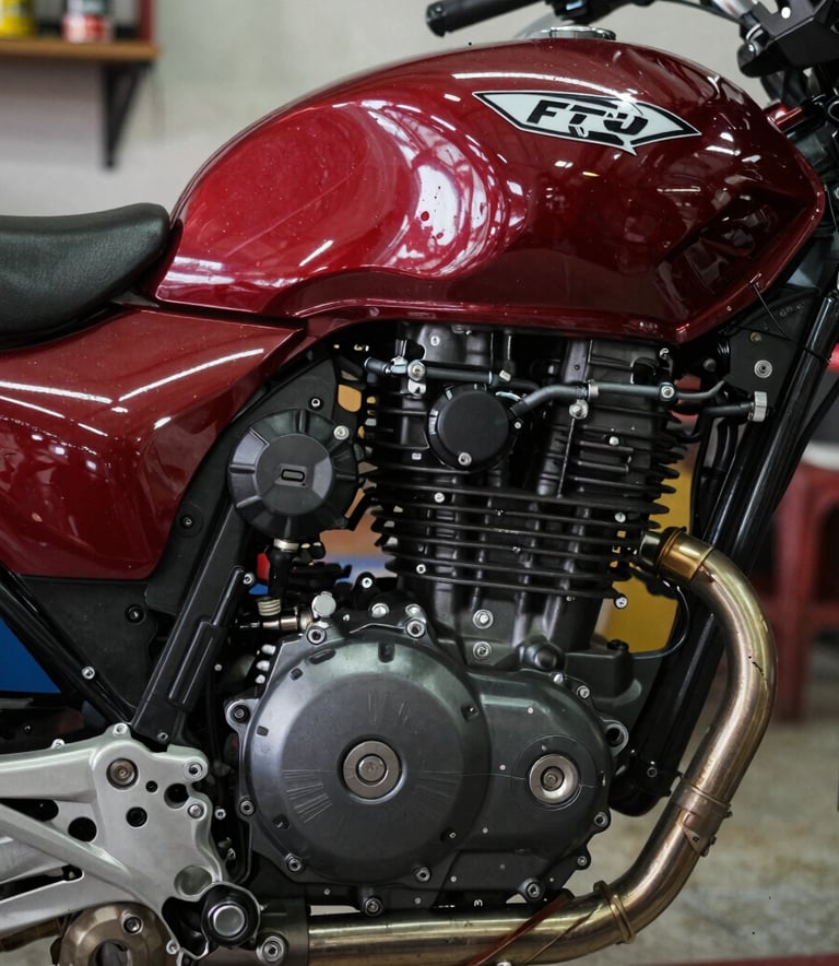 A cinematic close-up of a clean motorcycle engine block in a South American / Brazilian repair shop, professional lighting, emphasizing mechanical precision and quality, colors include deep red and near black.