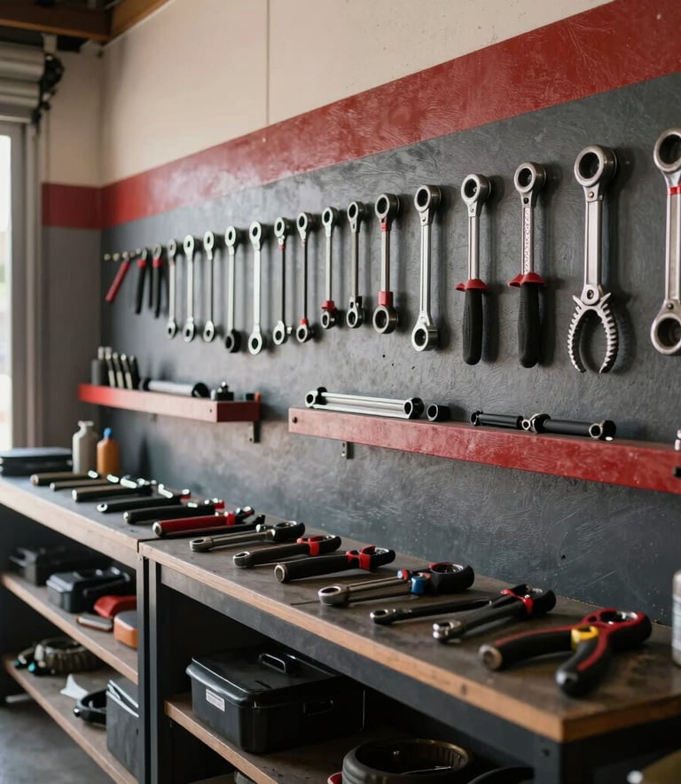 A wide-angle photography shot of a clean, organized motorcycle workshop in a South American setting. A row of professional tools is neatly arranged on a wall with dark gray and deep red accents. Bright, natural lighting coming from a side window.