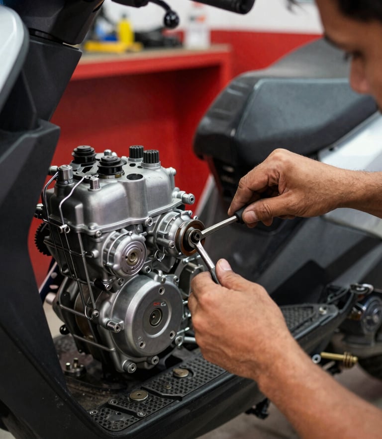 A South American / Brazilian mechanic skillfully repairing a modern scooter engine. The shot is an action photography piece with focus on the hands and tools, set in a well-lit workshop with deep red accents.