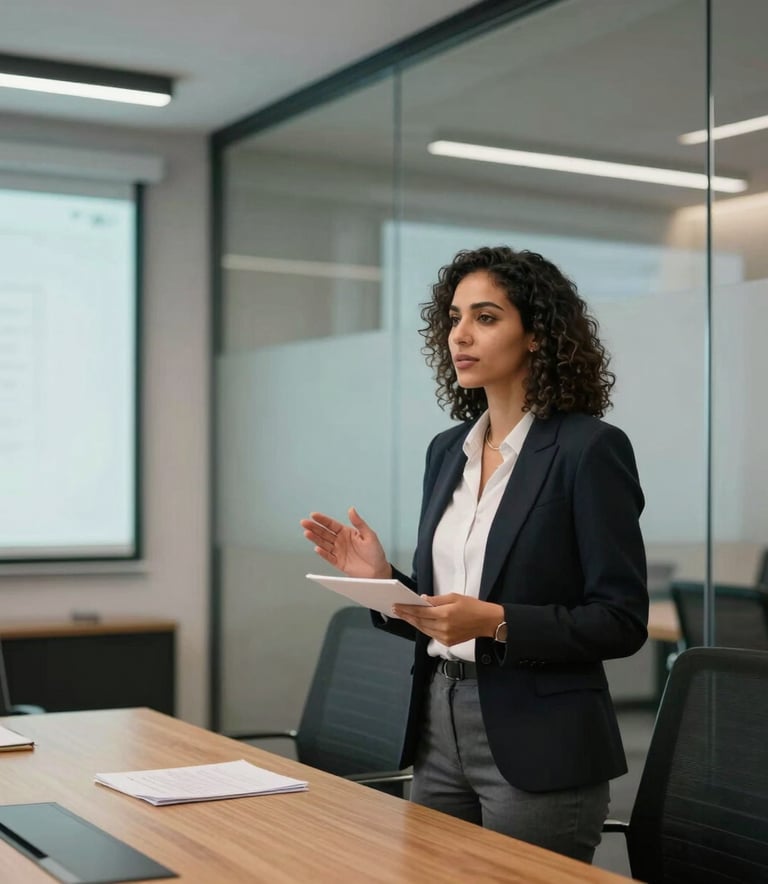 A North African professional woman leading a business presentation in a modern, glass-walled boardroom, focused on growth and entrepreneurship, professional lighting.